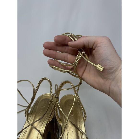 Schutz Maxima Lace Up Ankle Tie Platform Heel‎ Sandals Women's 10B Gold Metallic - Picture 3 of 9